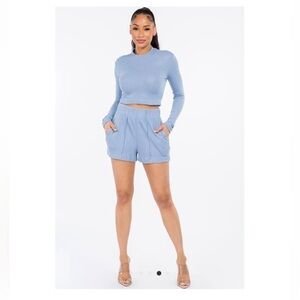 Verrocci Slate Blue  Waffle Knit Top & Shorts Set